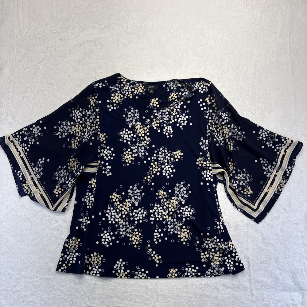 Alfani Blouse Womens Medium Blue with Dots Short Sleeves